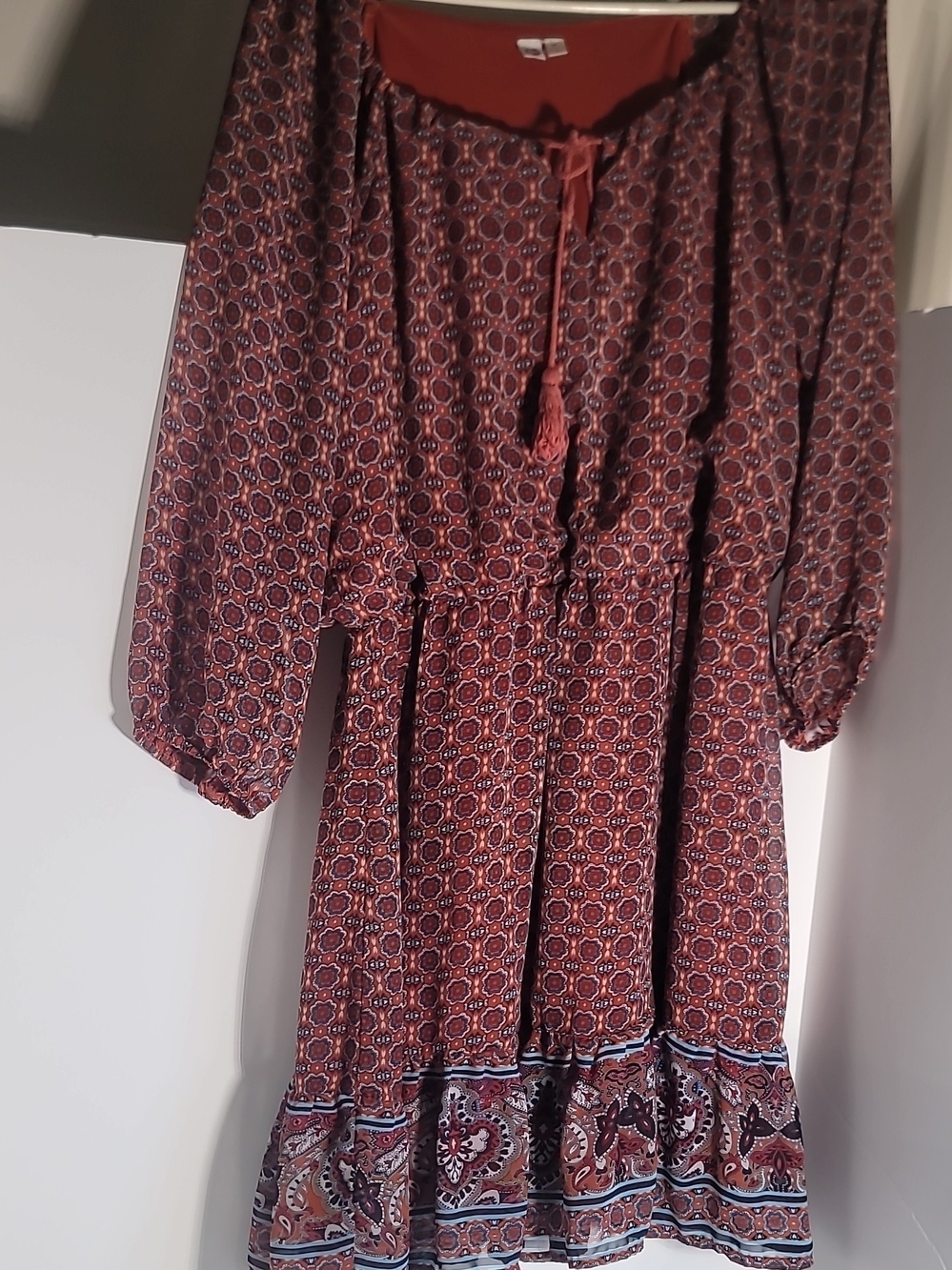 Boho Paisley Long Sleeve Dress in Rust